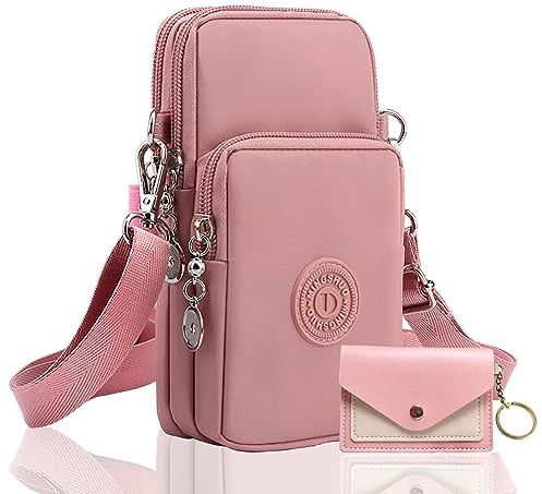 Pochette Portable Bandoulière Femme 2 Pcs Petit Sac Bandouliere Avec Prise Telephone Portable Petit Oxford Messenger En Tissu Brassard De Sport Avec Bandoulière Réglable Avec Porte-Cartes En Pu Rose