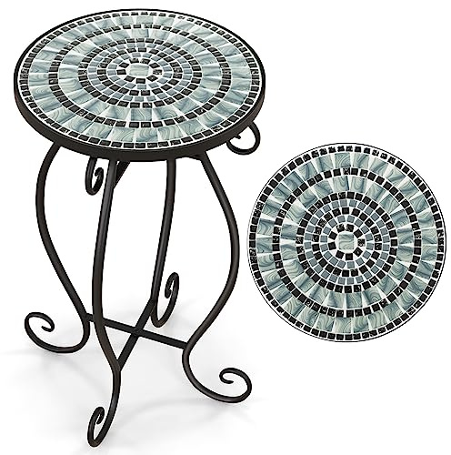 COSTWAY Table D’appoint Exterieur Jardin en Mosaïque (Noir + Gris) | Table Bistro Ronde en Carreaux de Céramique Résistant aux Intempéries, Table Basse D'extérieur pour Balcon Piscine