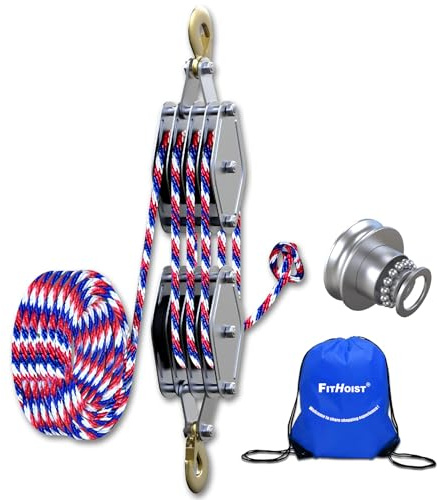 FITHOIST Colorful Block and Tackle 2200 lbs, 4400 LBS Breaking Strength Heavy Duty Pulley, 65 Ft 3/8 Rope Pulley, 7:1 Lifting Power Pulley System, Pulley Hoist (Red & Blue)