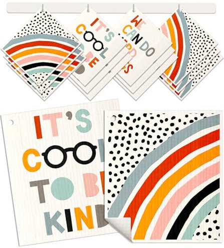 Miss Adola Kitchen Reusable Swedish Dishcloths - 12 Pack Absorbent, Fast Drying, Cute Pattern Decorate Washable Towels, Rainbow
