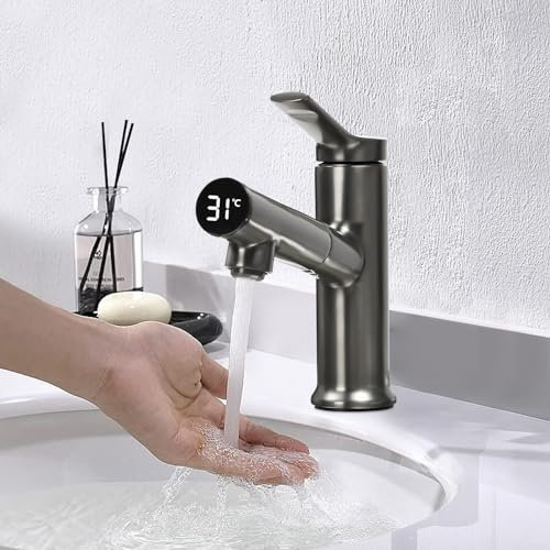 Temperaturanzeige Wasserhahn Bad mit Ausziehbar Brause, G1/2 Einhebelmischer Waschtischarmatur Badezimmer, Heißem und Kaltem Armatur Wasserhahn Bad Waschbecken, Grau