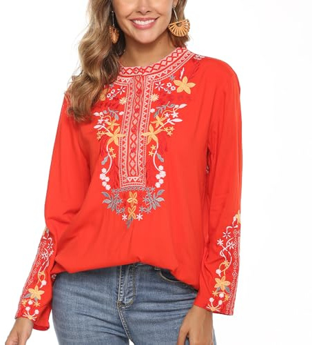 drakloak Bohemian Tops Besticktes Folklore Bluse Mexico Frauen Tunika Sommer Blusen mit Blumenmuster,Hippie Kleidung Damen Long Sleeves Blouse（101 RD L）