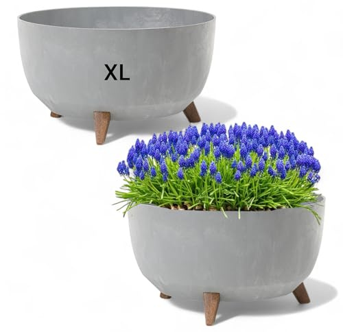 MELTOM Blumentopf mit Füßen aus Kunststoff, Schale Rund Betonmuster (Grau, XL-47cm)