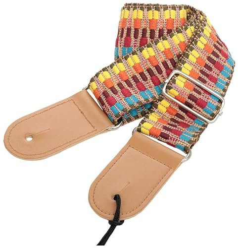 CEMELI Breiter 40 mm handgewebter Gitarrengurt aus Baumwolle mit Regenbogen-Stickerei Akustik- und Lederenden für Bassgitarre Ukulele Länge verstellbar: 75–130 cm