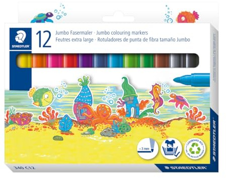 STAEDTLER Noris 340 Jumbo Fasermaler – 12er Set, 3,0 mm | Auf Wasserbasis, aus Textilien auswaschbar – für kleine Kinderhände – Art.-Nr. 340 C12
