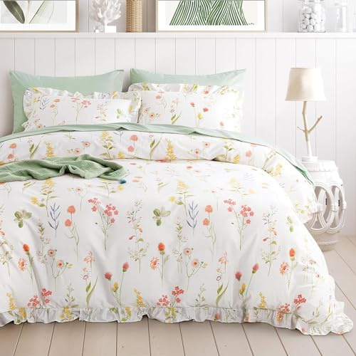 Lanqinglv Bettwäsche 200x200 cm mit Rüschen Decor Grün Weiß Bunt Blumen Pflanzenmuster Blätter Bettbezug mit Reißverschluss und 2 Kissenbezug 80x80 cm