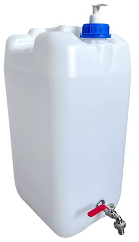 pokm toolsmarket - Wasserkanister mit 1/2 Hahn, Seifenspender 150 ml, Kanister für Trinkwasser, BPA-frei wasserbehälter, aus Kunststoff, Ideal für Camping, EU Produktion, Weiß - 30 Liter