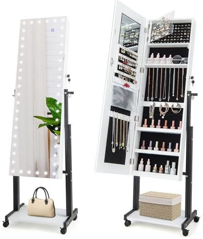 RELAX4LIFE Schmuckschrank mit 3-farbigen LED-Lichtern, Spiegelschrank mit 4 Rädern & 2 Spiegeln & Ablage, Schmuckorganizer Abschließbar & Höhenverstellbar & Neigungsverstellbar (Weiß)