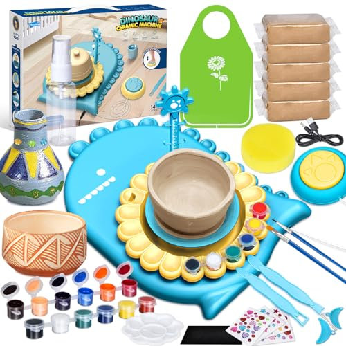 IEEILULU Töpferset für Kinder, Töpferscheibe Elektrisch für Kinder, Mini Töpferscheibe mit Töpferton, Farben, Diamant Aufkleber, Pottery Set DIY Töpfern Bastelset Geschenke Mädchen (Dinosaurier)