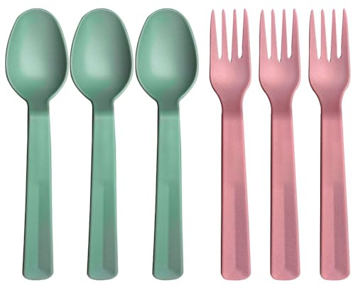Concept4u 6 x Plastic Cutlery Set 3 x Fork & 3 x Spoon Assorted Colour Washable & Reusable Heavy Duty Tableware Ideal for School, Home, Office, Picnic, Travel, Camping