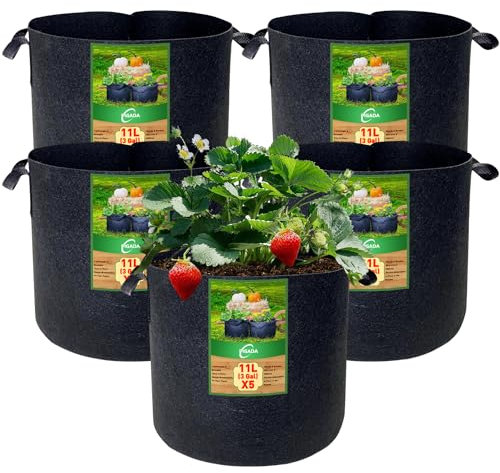 Tomaten kübel,11 L Pflanzsack aus Stoff,Kartoffelsack mit Griff, Wiederverwendbare Pflanztasche für Den Anbau von Kartoffeln, Tomaten,Gemüse,Blumen,Verdickter und Belüfteter Gartentopf, 5 Stück -3 Gal