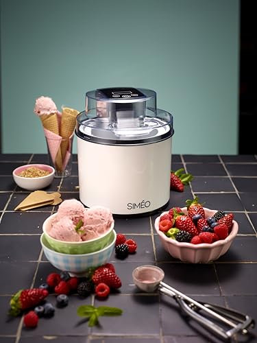 SIMÉO, Sorbetière 2 L pour Crèmes Glacées, Sorbets et Yaourts Glacés en 20-45 Min, Bol Réfrigérant, Double Rotation, Anti-éclaboussures, Compacte, 12 W, Idéale Cuisine - Blanc