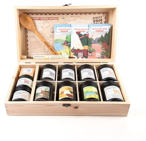 Direkt vom Feld® Profi-Gewürzkiste Gewürzset | Schatzkiste für passionierte Köche und Feinschmecker | BIO | Gewürz Set Küche | Geschenk Geschenkidee Kochen