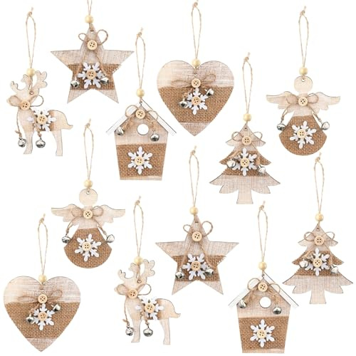 HERZONE 12 Ciondoli in Legno per Albero di Natale, Decorazione Fai da Te (A)