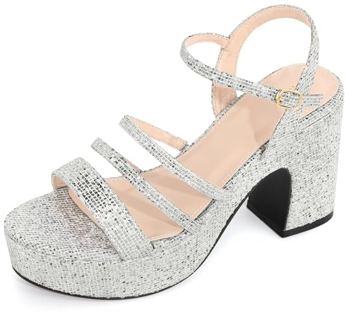Allegra K Women's Glitter Platform Ankle Strap Chunky Heel Sandals Silver 5 UK/Label Size 7 US
