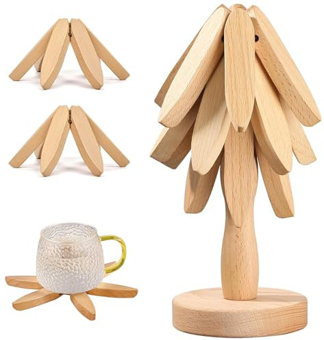 Lxoraziy Topfuntersetzer Hitzebeständig, Untersetzer in Baumform, 3 Topfuntersetzer Holz & 1 Ständer, Faltbare hitzebeständige Pads für Küchenpfannen, Töpfe, Besteck und Tassen