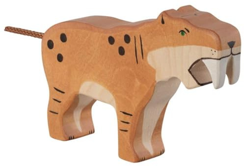 Holztiger 80622 – Säbelzahntiger – handbemalte Spielfigur aus Holz für Kinder, ca. 14 x 2,8 x 9,5 cm, Made in Europe