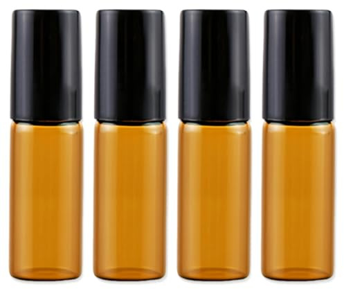 Botellas de Vidrio ámbar con Bola de Metal - 4 Piezas Botella de Aceite Esencial Roll-on para Aceite Esencial, Frasco Perfume Recargable,5ML