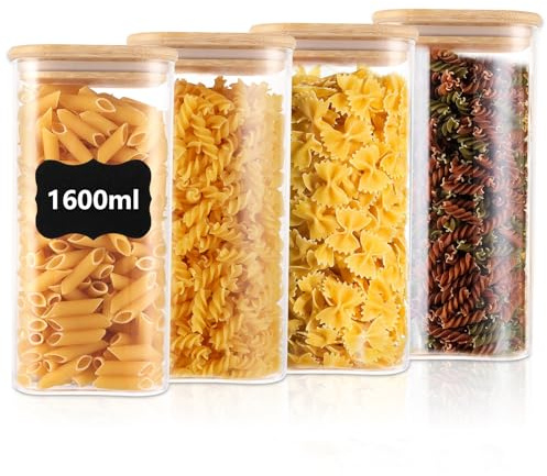 FWEEK 4 Stück Vorratsgläser, 1600 ml, Eckig mit Bambusdeckeln, Luftdicht | Glasbehälter aus Borosilikatglas mit Etiketten und Stift für Getreide, Nüsse und Mehl
