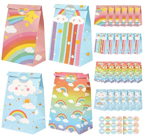 PHOGARY 24 Pezzi Sacchetti Regalo Arcobaleno, Sacchettini Compleanno Bambini, Buste Regalo con Adesivi, Sacchetti Carta Regalo Piccoli per Caramelle, Confezionare Regali, Feste di Compleanno