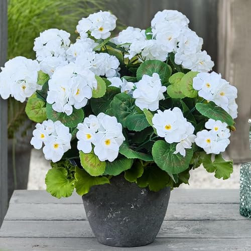 8 piezas de geranio artificial blanco, flores artificiales para exteriores, flores artificiales blancas de plástico, plantas falsas para exteriores, macetas de seda sintética resistentes a los rayos
