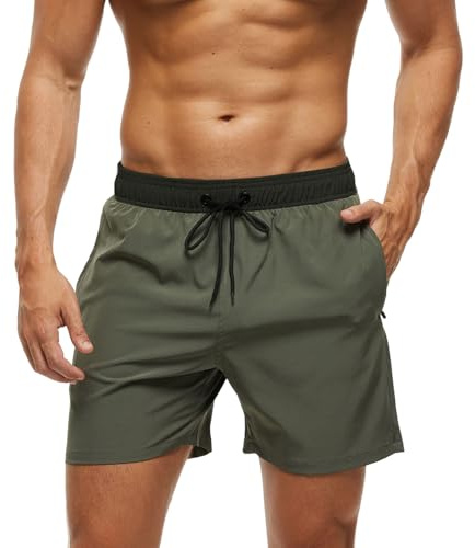 Monstoyo Bañador Hombre Secado Rápido Traje de Baño Hombre Bolsillo Cremallera Bañadores Short de Playa Surf Piscina Natación Impermeable Pantalones Cortos Forro Malla y Cordón L Empalme Verde