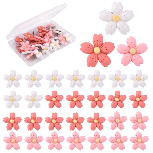 lasuroa 30pcs Flower Push Pins, Decorative Push Pins Cute Flower Thumb Tacks Floral Thumbtacks for Bulletin Board Map School Supply (Cherry Blossoms Style)