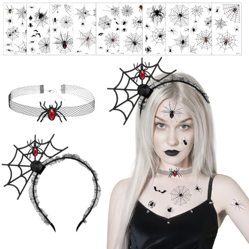 Halloween Spinnen Netz Haarreif, Halsketten Spinnen Haarschmuck, Gruselig Kopfschmuck, mit 10 Blätter Tattoos Spinne, Hexen Kostüm Accessoire, Frauen für Halloween, Karneval Party, Fasching, Cosplay