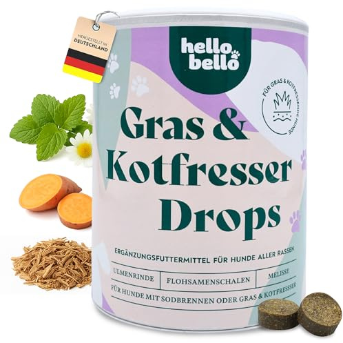 HELLOBELLO Kaltgepresste Ulmenrinde Gras- und Kotfresser Drops Hund 350g | Für Hunde mit Sodbrennen - mit 5 % Ulmenrinde, Melisse & Flohsamen