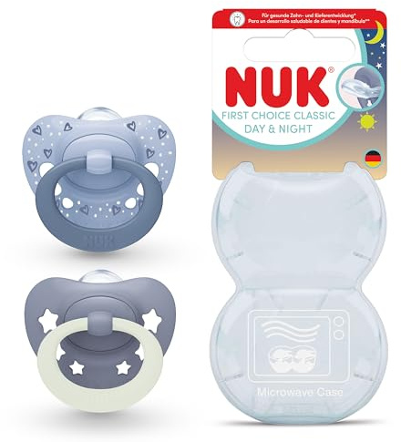 NUK First Choice Classic Day & Night Succhietto per Bambini | 6-18 Mesi | Succhietti Ortodontici che si Illuminano al Buio | Accettati dal 95% dei Bambini** | Blu | Confezione da 2