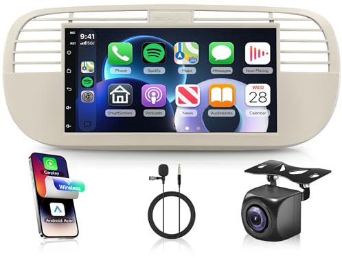 (Beige)4G+64G for Fiat 500 2007-2015 Android Car Radio Wireless Carplay Android Auto, 7 Inch Android Touchscreen Car Radio FM RDS GPS WiFi Bluetooth Mirror Link Backup Camera