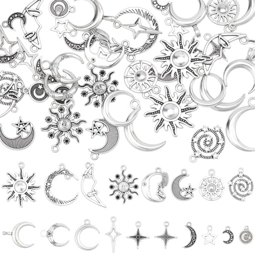 BEAMARKER 72Pcs 18 Styles Sun and Moon Charms for Jewelry Making Antique Silver Alloy Moon Pendants Vintage Star Celestial Charms for Craft DIY Necklace Bracelet Earring Keychain