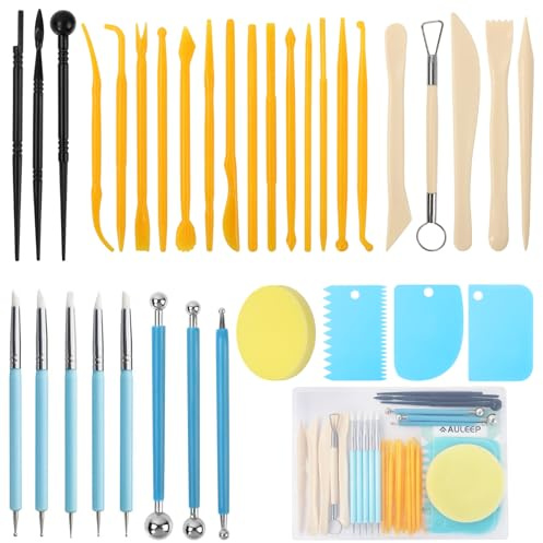 AULEEP 35 Stücke Töpferwerkzeug Set, Modellierwerkzeug DIY Keramik Werkzeug, Polymer Clay Werkzeug, Ton Werkzeug Set mit Klarem Aufbewahrungsgehäuse für Töpfer Künstler & Anfänger