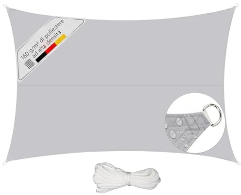 Sunula Vela Ombreggiante Impermeabile 3x5m – PES 160g/m², con Fettuccia Perimetrale e Anelli in Acciaio Inox, Sigillatura Cuciture e Protezione UV 95%, per Balcone Terrazza Giardino, Grigio Chiaro