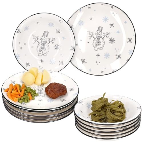 MamboCat 12tlg Tafelservice Olove I 6x Speiseteller Ø27cm & 6x Suppenteller 450 ml I winterliches Steingut-Geschirr mit Schneemann & Schneeflocken I für Weihnachten, Advent & Nikolaus