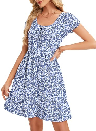 AUSELILY Women Summer Dress Puff Sleeves Ladies Dress Casual with Pocket