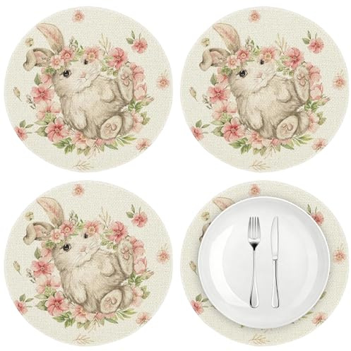 Runde Tischsets mit Hasen Motiv für Ostern, 4 Stück 36cm Ostern Platzset, Platzdeckchen, Placemat, Teller Untersetzer, Frühling Esstisch Dekoration für Restaurant Küche Esszimmer Party Couchtisch (A)