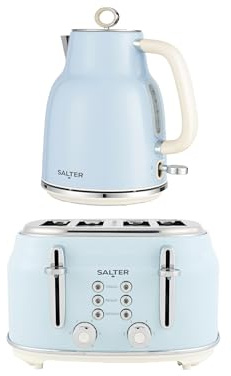 Salter Retro Kettle & 4-Slice Toaster Set - Wide Slots, 3KW Rapid Boil, 6 Browning Levels, 360° Base, Removable Limescale Filter, Defrost, Reheat & Cancel, High-Lift Eject, Removable Crumb Tray, Blue | 3 kW Rapid Boil Kettle, 6 Browning Levels, Defrost Reheat Cancel, Wide Slots, 360 Degree Base, Removable Crumb Tray