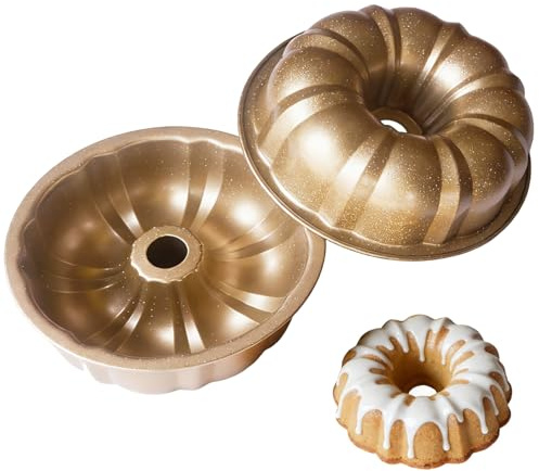 Heluok 7 Inch Fluted Tube Cake Pan, Carbon Steel Small Kugelhopf Pan, Round Tube Baking Mold for Cakes, Quick Breads, Desserts, 2 PCS, Gold with White Speckle