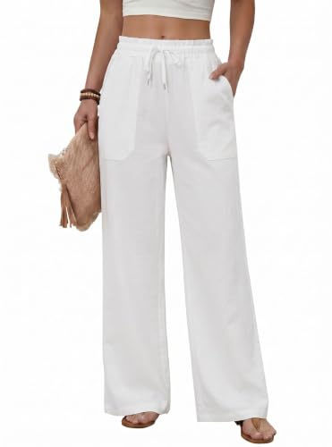 Fashora Pantalones Mujer Verano Pantalon Ligeros Ancho Comodo Pantalones Cintura Elastica Fluido Casual Pantalón Palazzo Elegante con Bolsillos y Ajuste con cordón. (Blanco, XL)