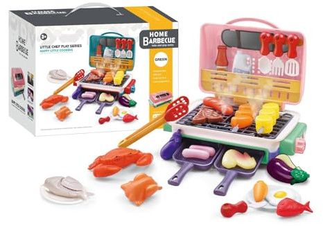 mophrati L'avventura inizia Pasti magici Griglia per bambini con finti condimenti e spiedini Pasti magici Griglia per bambini con fumo Suono Leggero Resistente, rosa