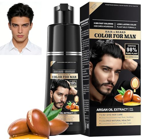 Nero Shampoo Colorante Uomo 3 in 1 – Colore Naturale per Capelli e Barba –Shampoo Capelli Bianchi, Tinta Nera Duratura,Facile E Veloce Per Uso Domestico,Olio Di Argan