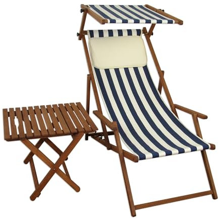 Erst-Holz Liegestuhl blau-weiß Gartenstuhl Tisch Sonnendach Kissen Deckchair Buche Strandstuhl 10-317STKH