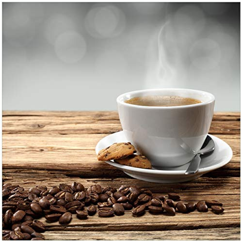 Wallario Glasbild Heiße Tasse Kaffee mit Kaffeebohnen - 50 x 50 cm Wandbilder Glas in Premium-Qualität: Brillante Farben, freischwebende Optik