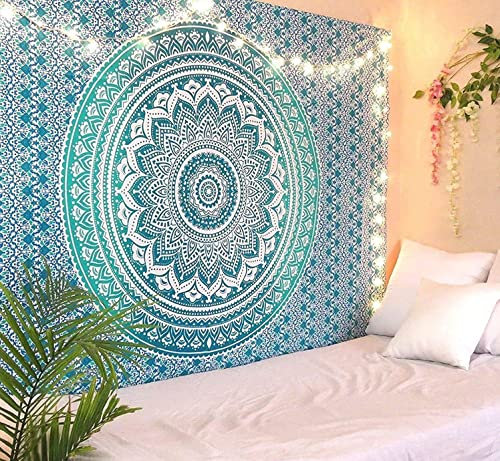 RAJRANG Mandala Wandteppich - Baumwolle, Meeresgrün, Boho Wandbehang für Wohnzimmer, Schlafzimmer, 229x213 cm