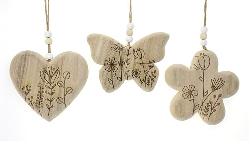 TEMPELWELT® Deko Anhänger Schmetterling Herz Blume im 3er Set je 10 cm, Holz Natur Landhaus Stil,