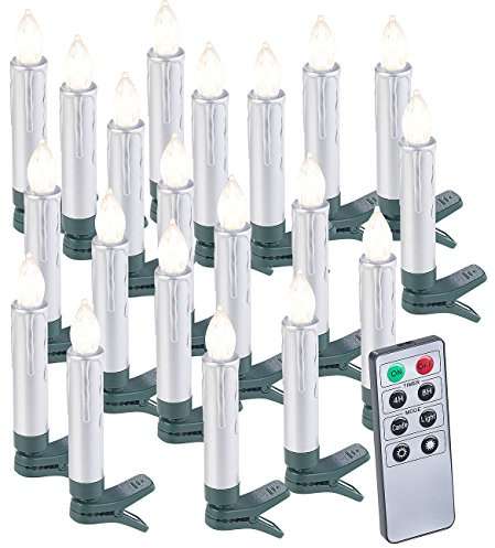 Lunartec LED Kerzen kabellos: 20er-Set LED-Weihnachtsbaumkerzen mit Fernbedienung und Timer, Silber (Lichter Kerzen kabellos, Tannenbaum, Baum)