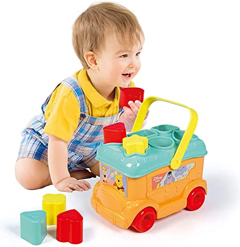 Clementoni Disney Baby sorteringsbuss med Nalle Puh – plug-in spel för att främja motoriska färdigheter och koordination för barn från 10 månader, 17282