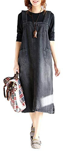 DAIHAN Vestito Salopette di Jeans Donna Denim Gonna Overall Jeans Abiti Tuta Nero 2XL