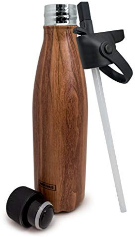 Nerthus Doppelwandige Thermosflasche für Kaltes und Heißes, aus Edelstahl, mit Trinkhalmdeckel, Holz, 500 ml
